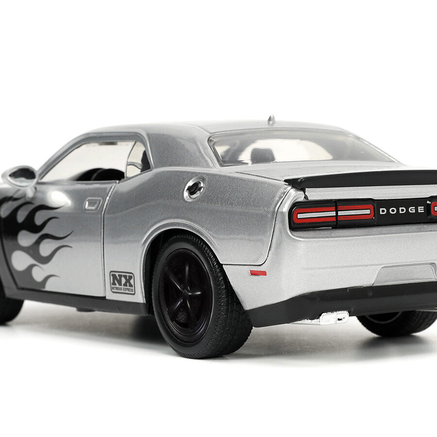 2015 Dodge Challenger SRT Hellcat Silver Metallic with Flames "Nitrous Express" "Bigtime Muscle" Series 1/24 Diecast Model Car by Jada Automotive