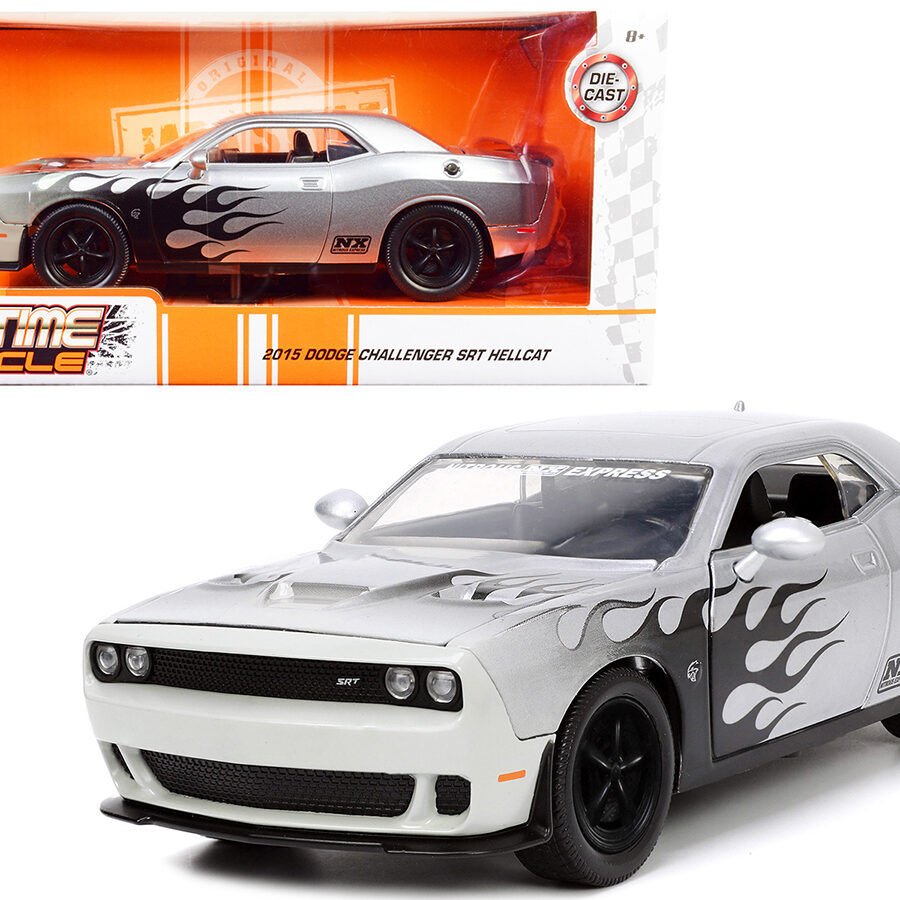 2015 Dodge Challenger SRT Hellcat Silver Metallic with Flames "Nitrous Express" "Bigtime Muscle" Series 1/24 Diecast Model Car by Jada Automotive