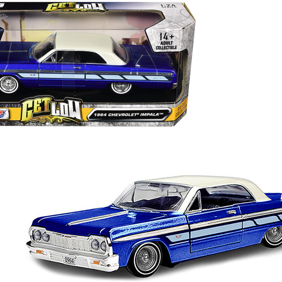 1964 Chevrolet Impala Lowrider Hard Top Candy Blue Metallic with Cream Top "Get Low" Series 1/24 Diecast Model Car by Motormax Automotive