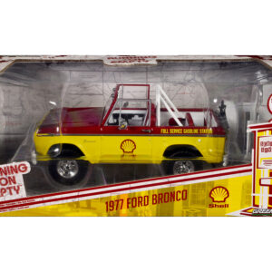 1977 Ford Bronco Shell Oil Red and Yellow with White Top Running on Empty Series 7 1 24 Diecast Model Car by Greenlight GPBox