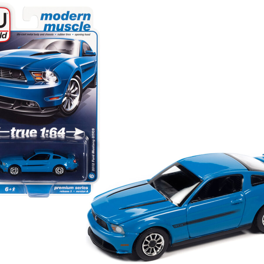 2012 Ford Mustang GT/CS Grabber Blue with Black Stripes "Modern Muscle" Limited Edition 1/64 Diecast Model Car by Auto World Automotive