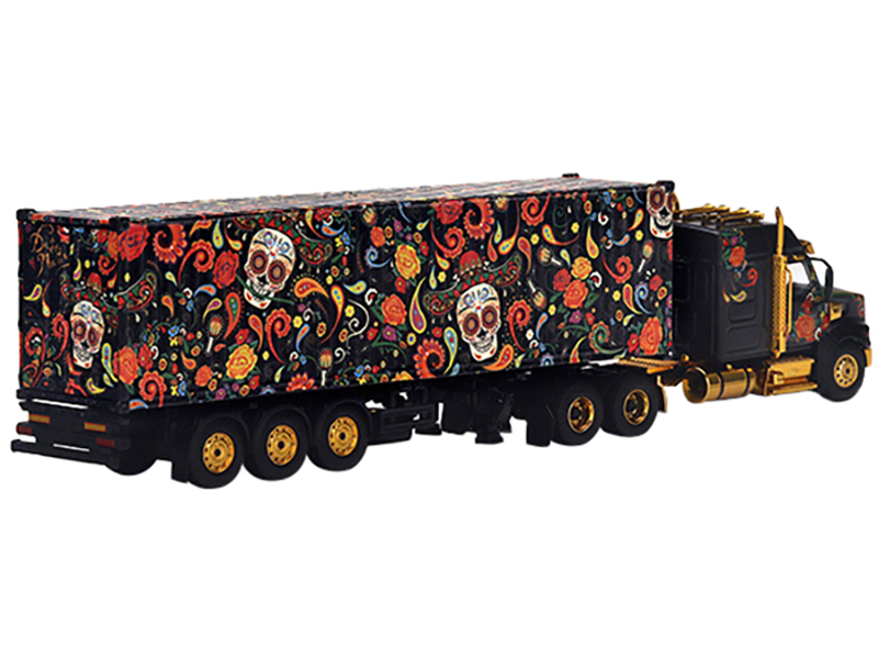 Western Star 49X with 40 Ft Container "Dia de los Muertos" (Day of the Dead) Black with Graphics 1/64 Diecast Model by Mini GT Automotive