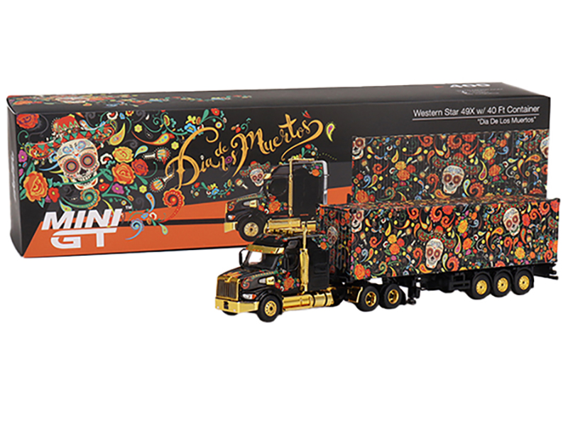 Western Star 49X with 40 Ft Container "Dia de los Muertos" (Day of the Dead) Black with Graphics 1/64 Diecast Model by Mini GT Automotive