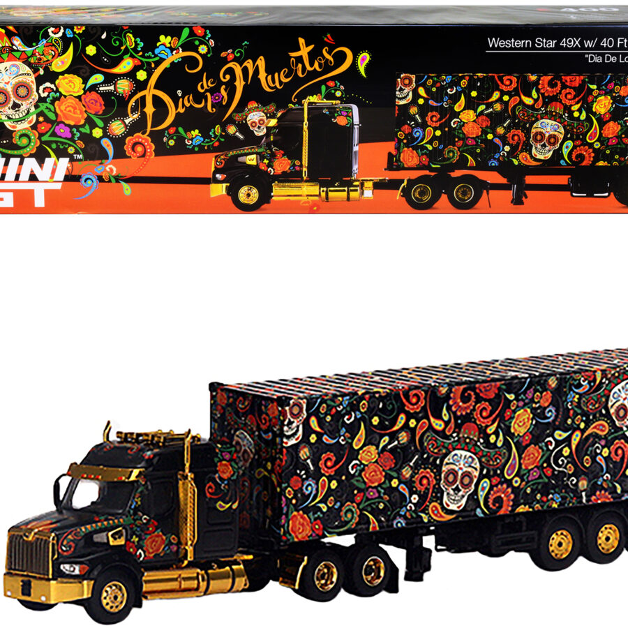 Western Star 49X with 40 Ft Container "Dia de los Muertos" (Day of the Dead) Black with Graphics 1/64 Diecast Model by Mini GT Automotive