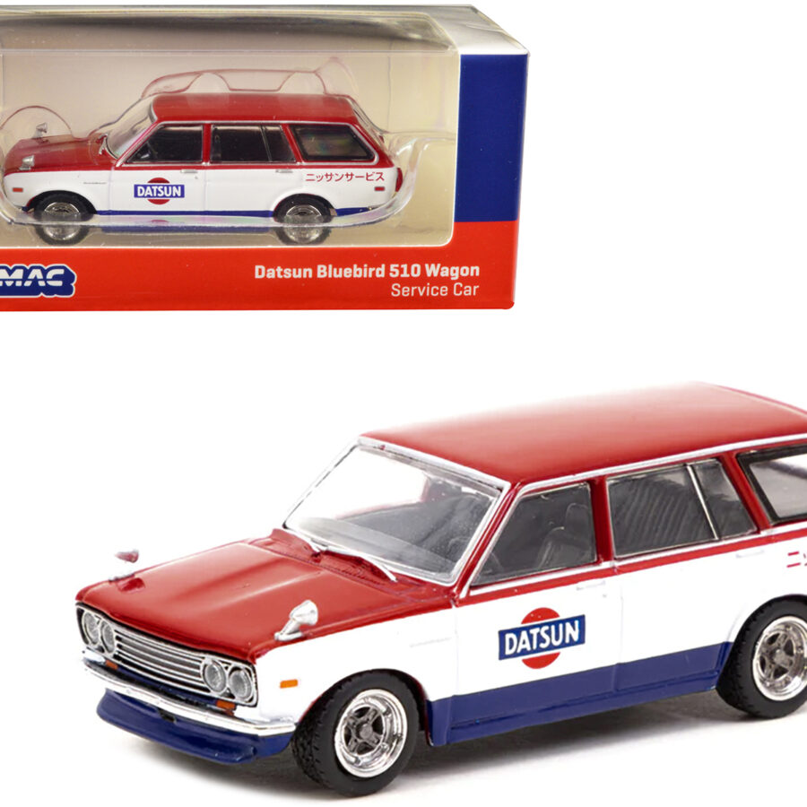 Datsun Bluebird 510 Wagon Service Car Red and White with Blue "Global64" Series 1/64 Diecast Model Car by Tarmac Works Automotive