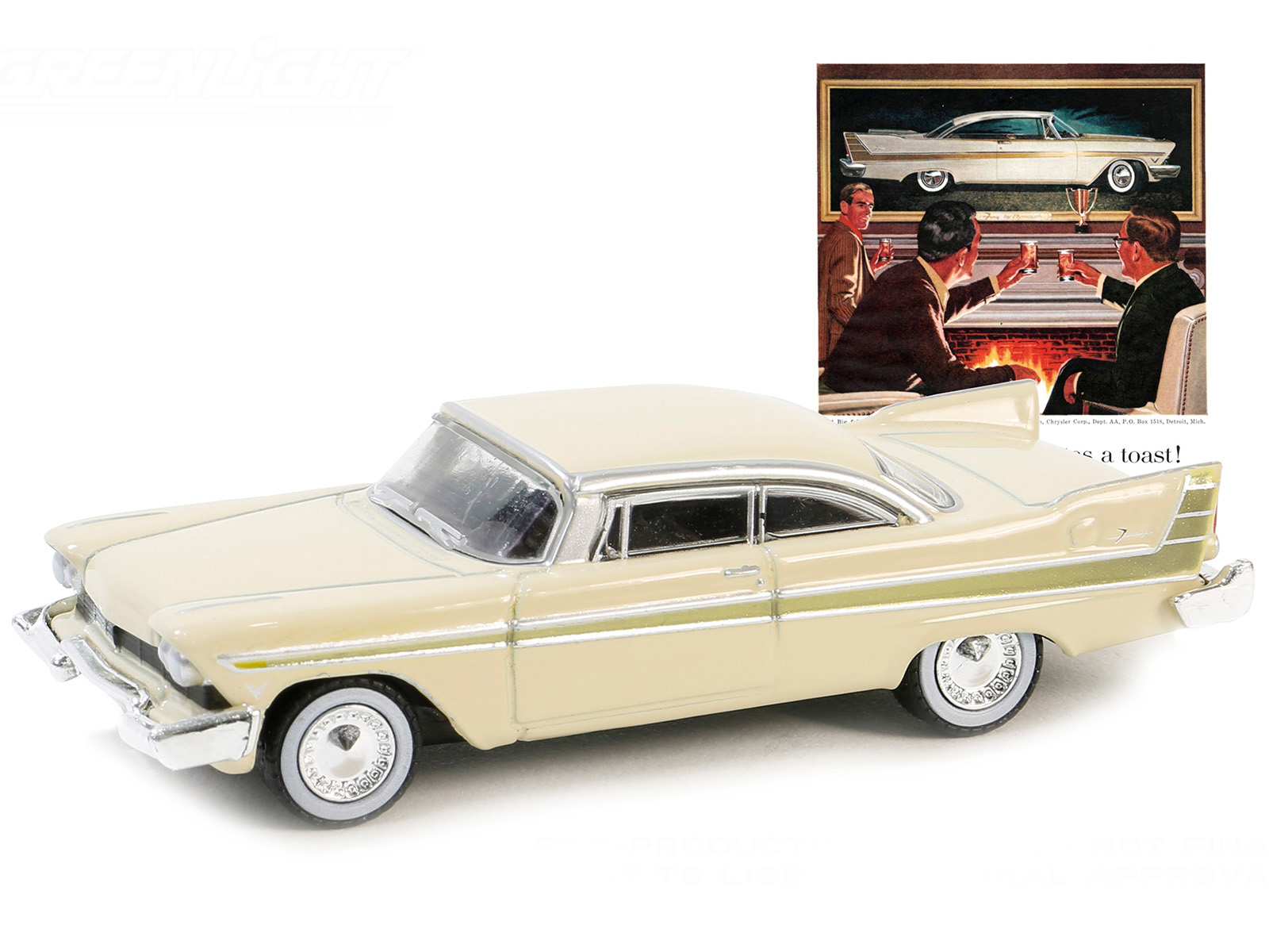 1957 Plymouth Fury Beige with Gold Metallic Stripes Vintage Ad Cars Series 10 1 64 Diecast Model Car by Greenlight GPBox