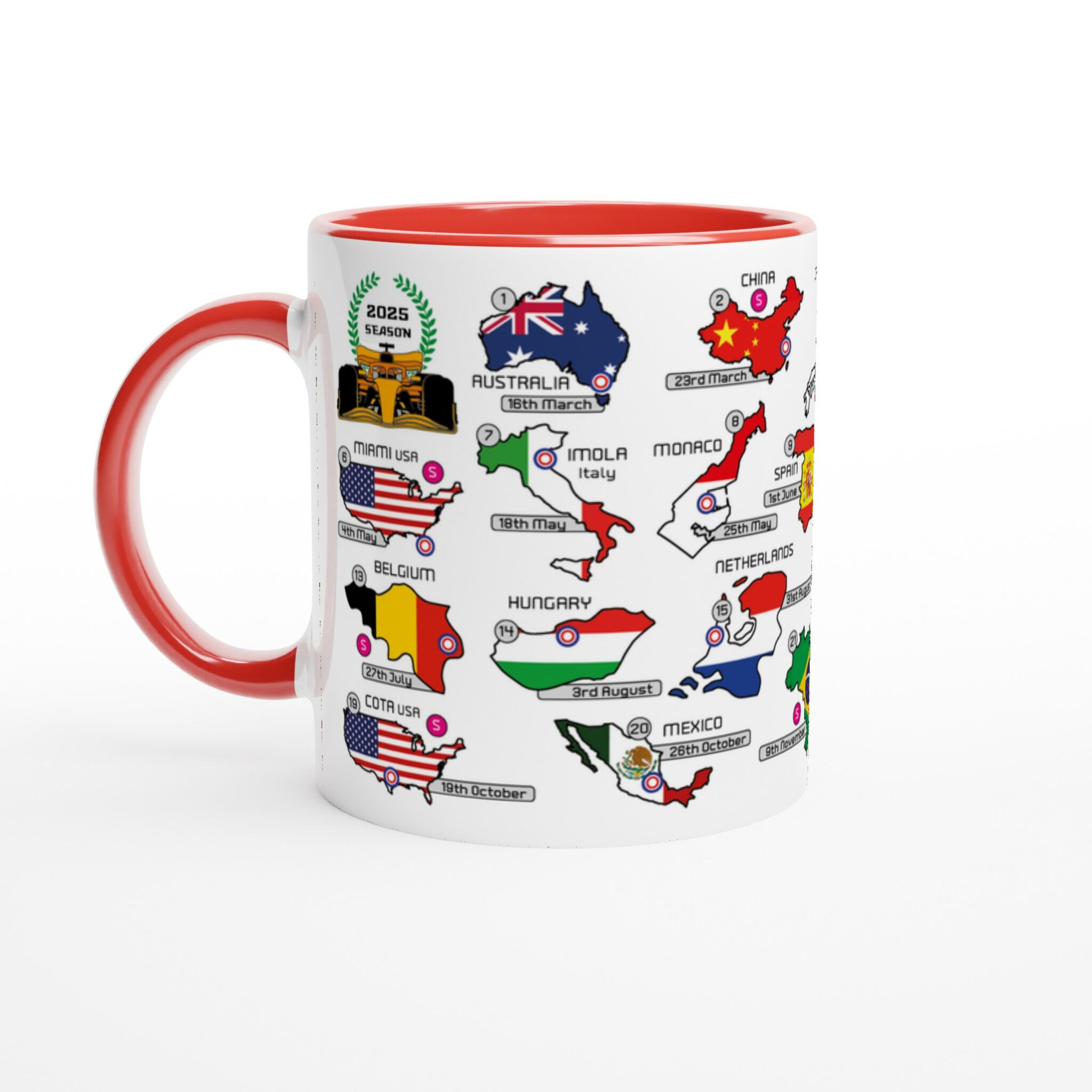 2025 Formula 1 Calendar Mugs - Countries and Flags - All F1 Races | GPBox