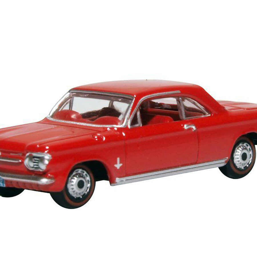 1963 Chevrolet Corvair Coupe Riverside Red with Red Interior 1/87 (HO) Scale Diecast Model Car by Oxford Diecast Automotive