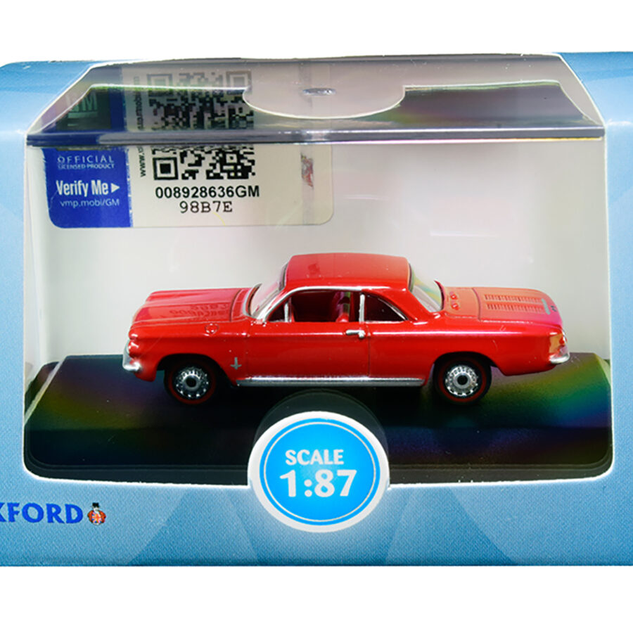 1963 Chevrolet Corvair Coupe Riverside Red with Red Interior 1/87 (HO) Scale Diecast Model Car by Oxford Diecast Automotive