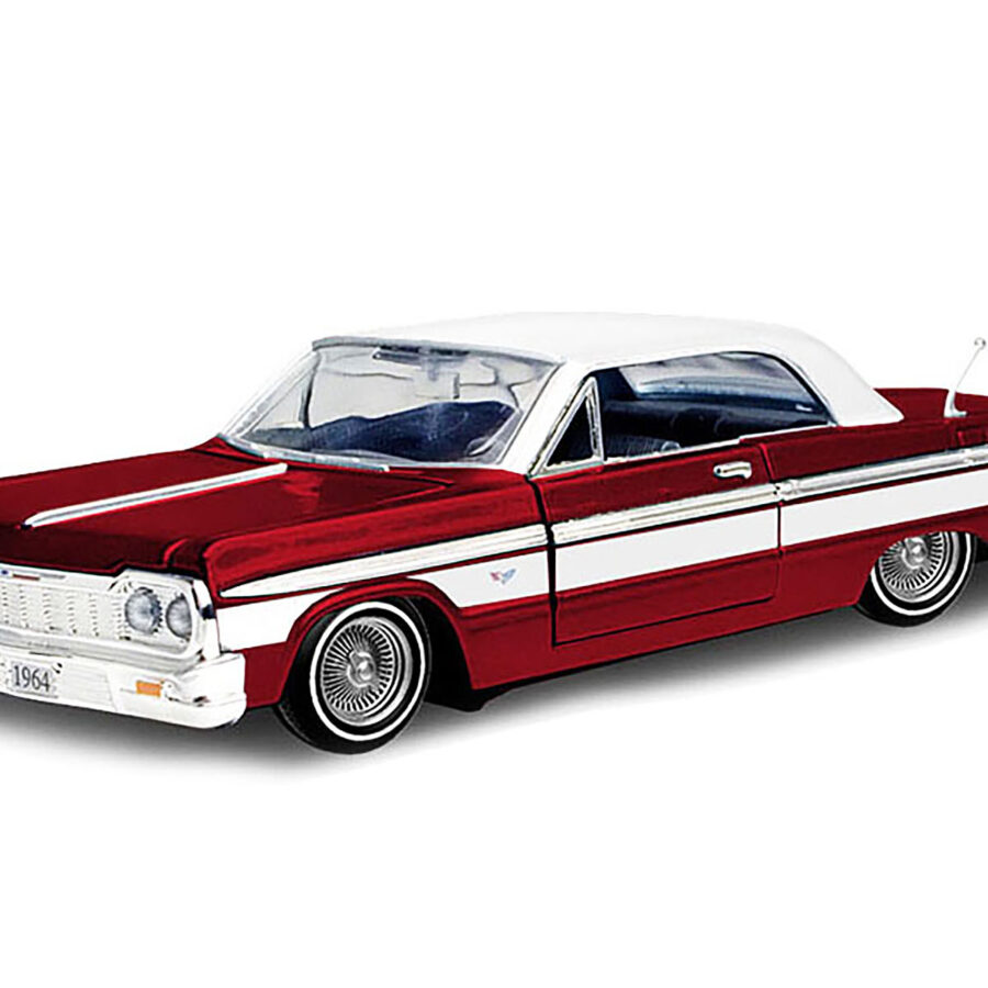 1964 Chevrolet Impala Lowrider Hard Top Candy Red Metallic with White Top "Get Low" Series 1/24 Diecast Model Car by Motormax Automotive