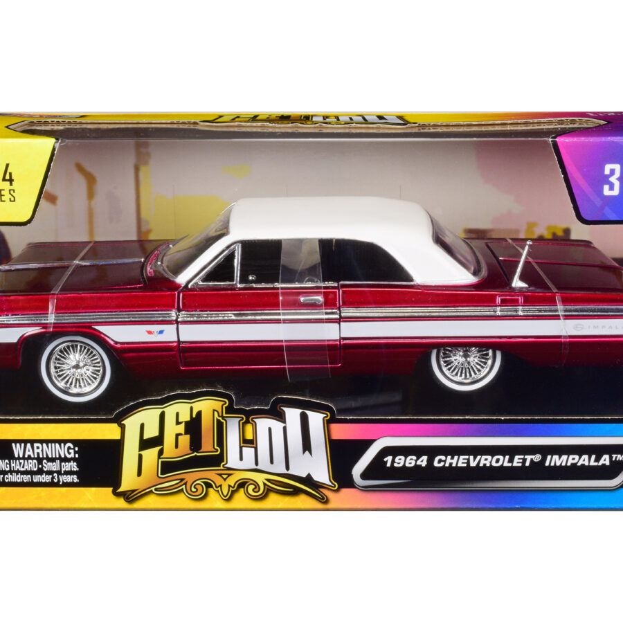 1964 Chevrolet Impala Lowrider Hard Top Candy Red Metallic with White Top "Get Low" Series 1/24 Diecast Model Car by Motormax Automotive