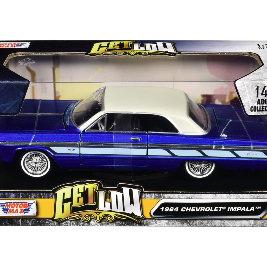 1964 Chevrolet Impala Lowrider Hard Top Candy Blue Metallic with Cream Top "Get Low" Series 1/24 Diecast Model Car by Motormax Automotive