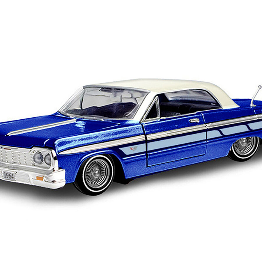 1964 Chevrolet Impala Lowrider Hard Top Candy Blue Metallic with Cream Top "Get Low" Series 1/24 Diecast Model Car by Motormax Automotive