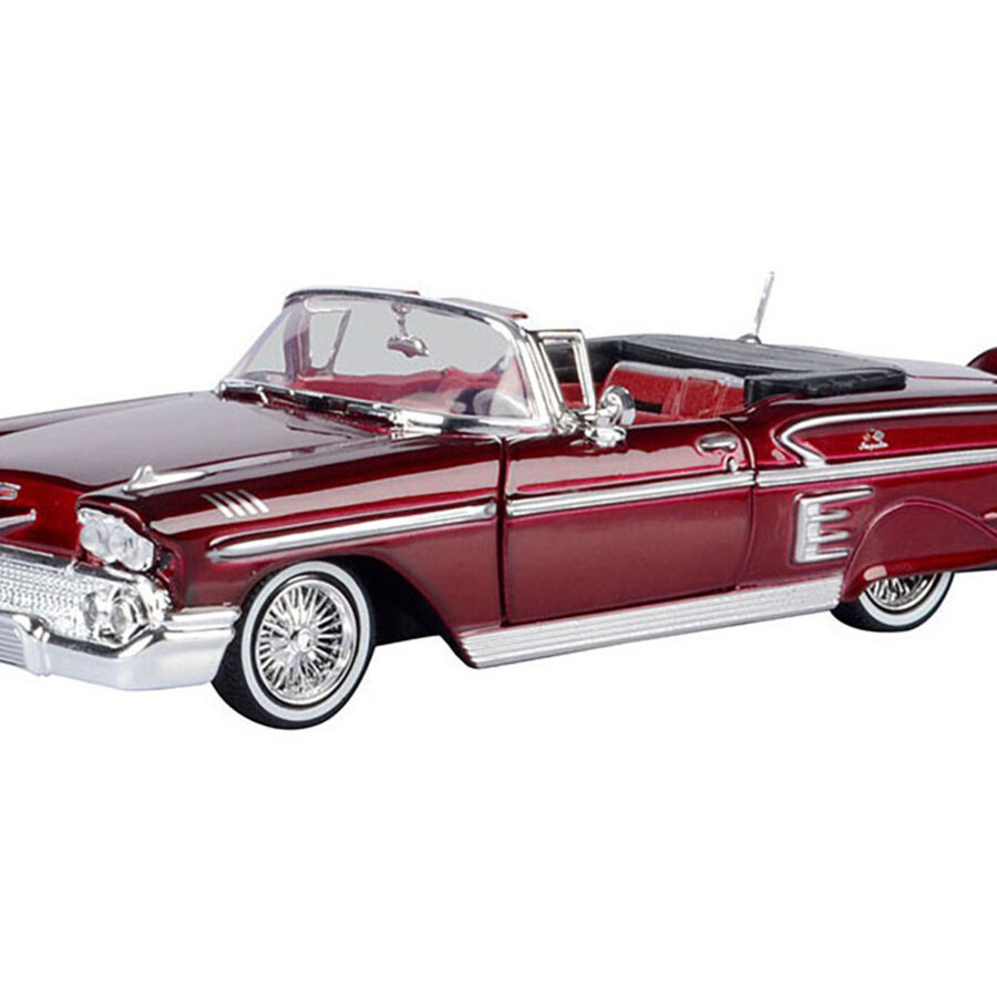 1958 Chevrolet Impala Convertible Lowrider Dark Red Metallic with Red Interior "Get Low" Series 1/24 Diecast Model Car by Motormax Automotive