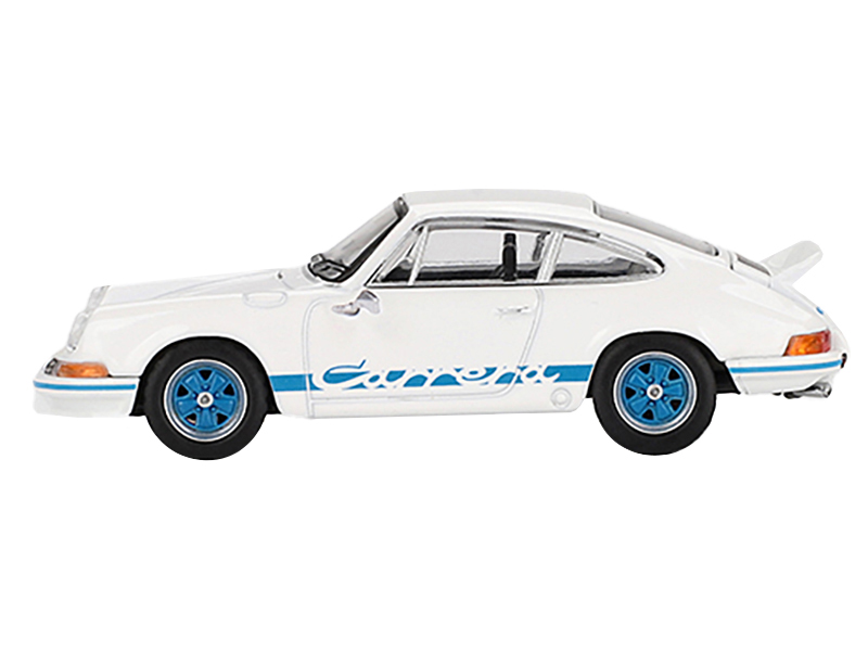 Porsche 911 Carrera RS 2.7 Grand Prix White with Blue Stripes and Wheels Limited Edition to 4800 pieces Worldwide 1/64 Diecast Model Car by Mini GT Automotive