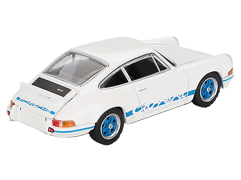 Porsche 911 Carrera RS 2.7 Grand Prix White with Blue Stripes and Wheels Limited Edition to 4800 pieces Worldwide 1/64 Diecast Model Car by Mini GT Automotive