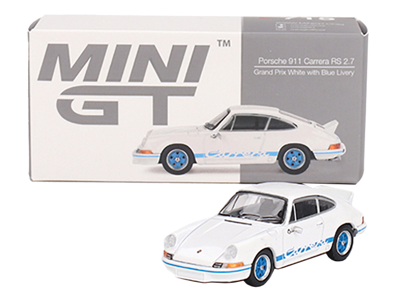 Porsche 911 Carrera RS 2.7 Grand Prix White with Blue Stripes and Wheels Limited Edition to 4800 pieces Worldwide 1/64 Diecast Model Car by Mini GT Automotive