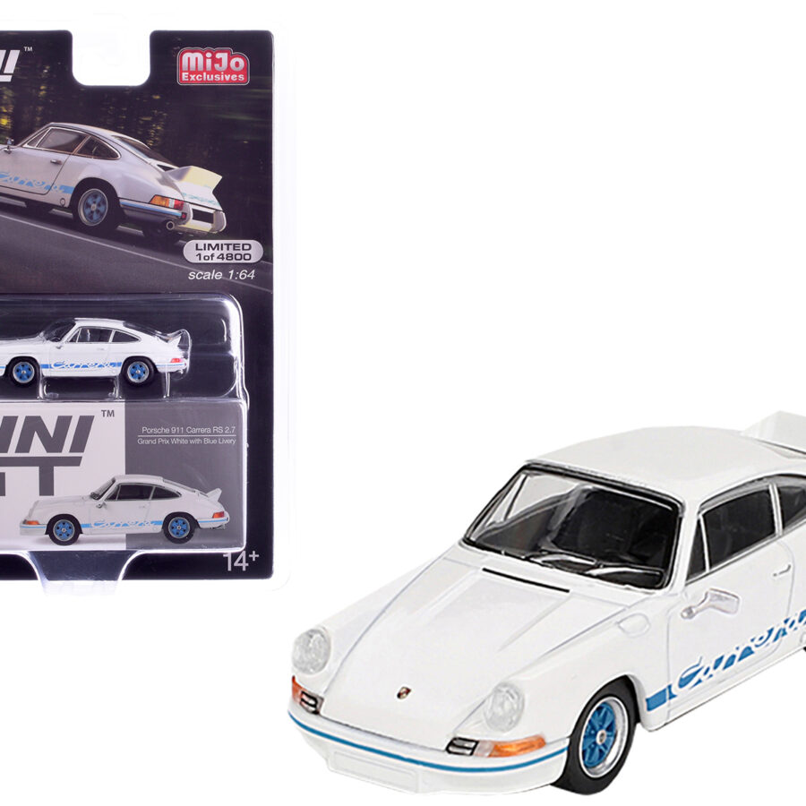 Porsche 911 Carrera RS 2.7 Grand Prix White with Blue Stripes and Wheels Limited Edition to 4800 pieces Worldwide 1/64 Diecast Model Car by Mini GT Automotive
