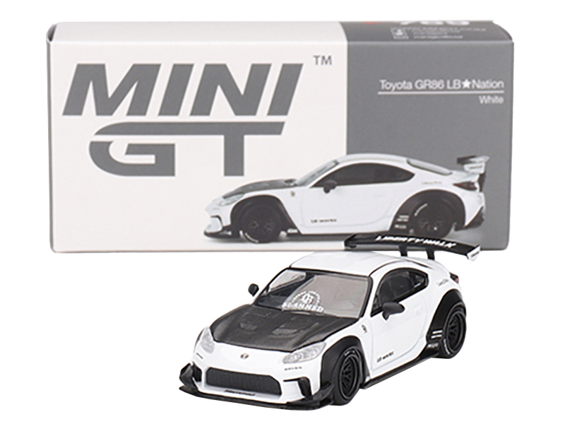 Toyota GR86 "LB-Nation - Liberty Walk" White with Carbon Hood Limited Edition 1/64 Diecast Model Car by Mini GT Automotive