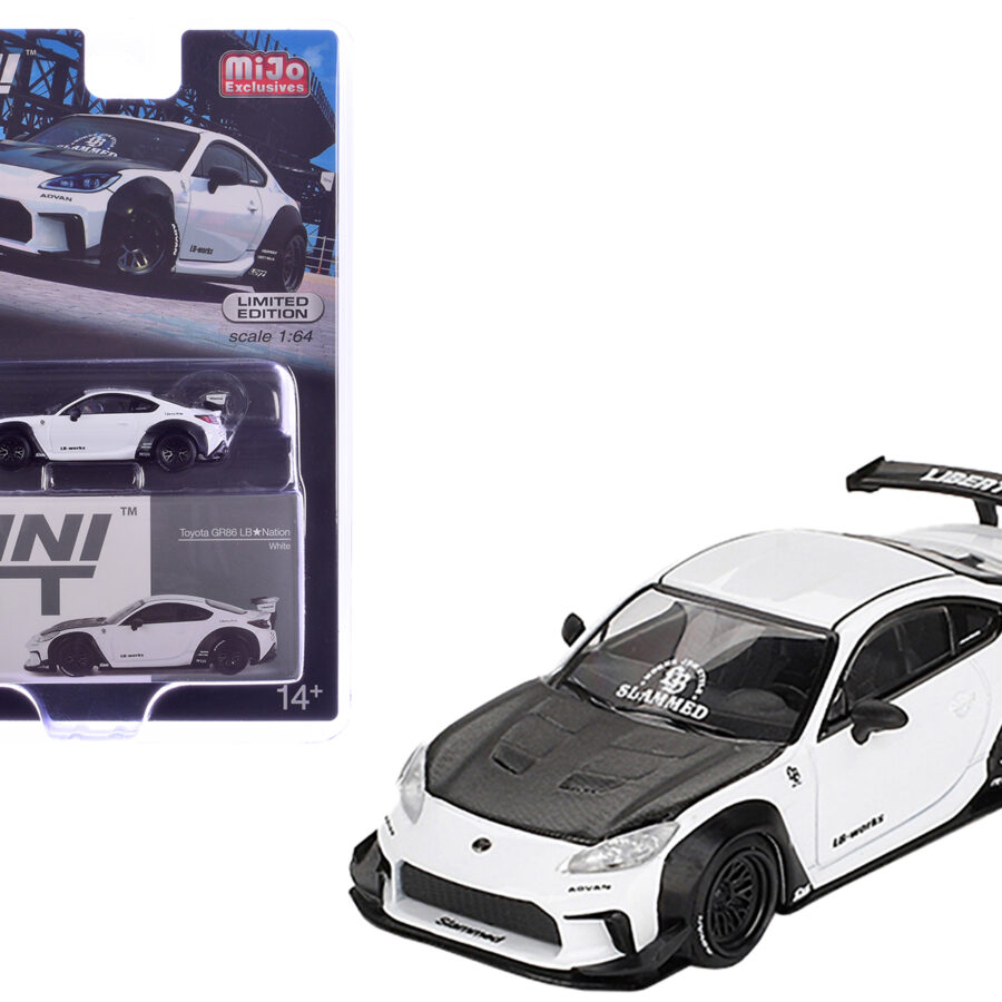 Toyota GR86 "LB-Nation - Liberty Walk" White with Carbon Hood Limited Edition 1/64 Diecast Model Car by Mini GT Automotive