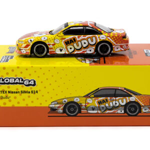 Nissan Silvia (S14) Vertex RHD (Right Hand Drive) "Hai Dudu - IMX Special Edition" Yellow and Orange with Graphics "Global64" Series 1/64 Diecast Model by Tarmac Works  by Diecast Mania