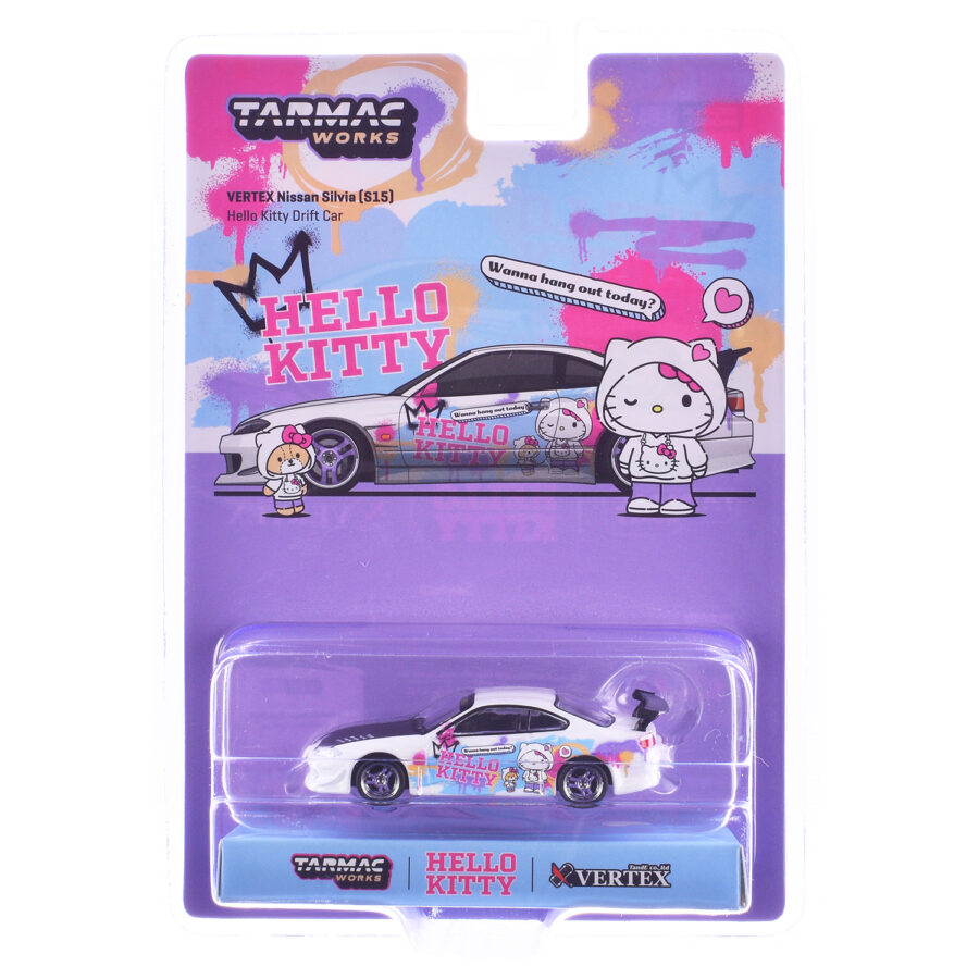 Nissan Silvia (S15) Vertex RHD (Right Hand Drive) "Hello Kitty Drift Car" White with Carbon Hood and Graphics "Global64" Series 1/64 Diecast Model by Tarmac Works Automotive