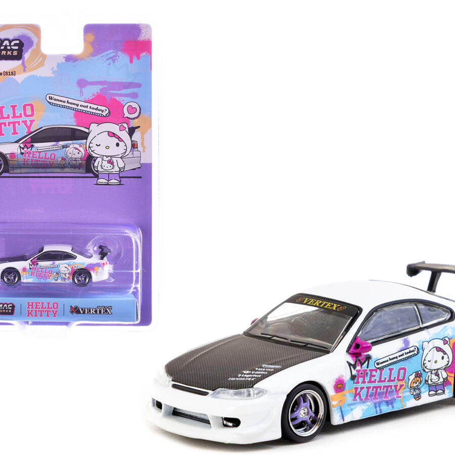 Nissan Silvia (S15) Vertex RHD (Right Hand Drive) "Hello Kitty Drift Car" White with Carbon Hood and Graphics "Global64" Series 1/64 Diecast Model by Tarmac Works Automotive