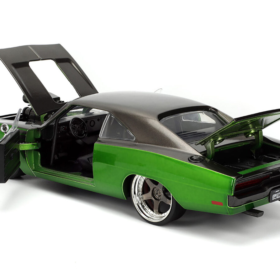 1970 Dodge Charger R/T Dark Gray Metallic and Green Metallic with Dark Gray Stripes "Bigtime Muscle" Series 1/24 Diecast Model Car by Jada Automotive