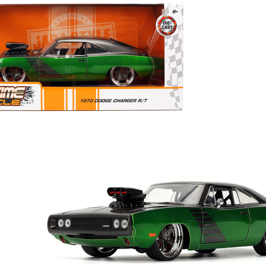 1970 Dodge Charger R/T Dark Gray Metallic and Green Metallic with Dark Gray Stripes "Bigtime Muscle" Series 1/24 Diecast Model Car by Jada Automotive
