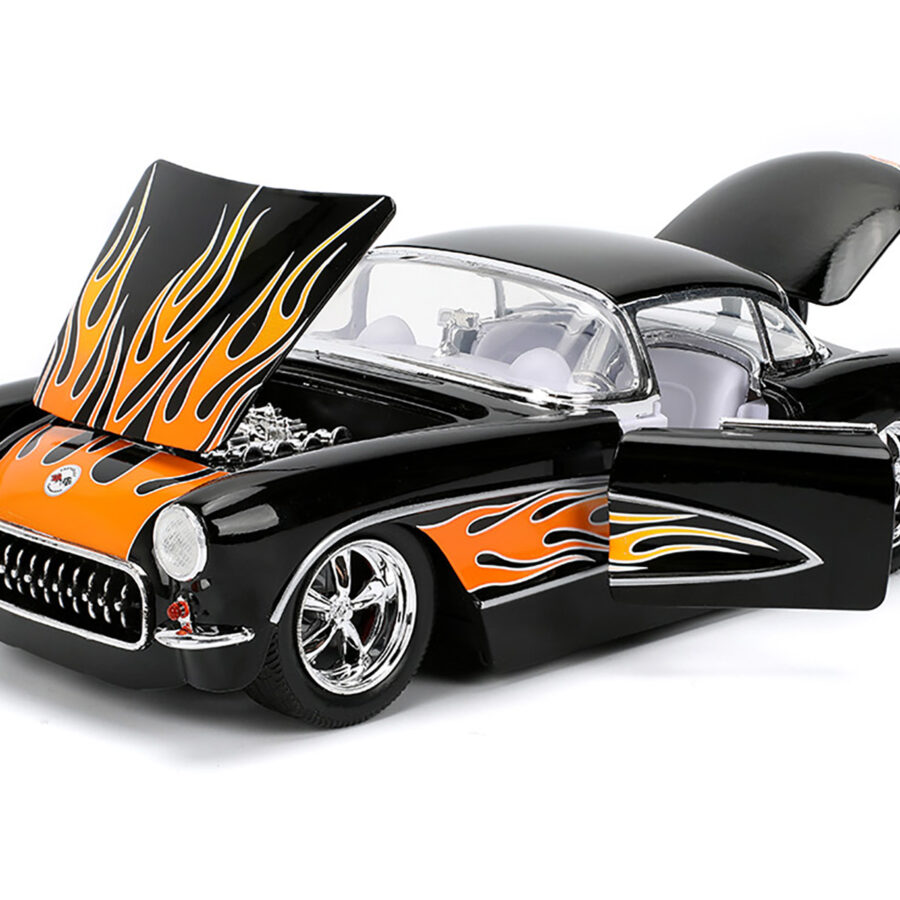 1957 Chevrolet Corvette Black with Flame Graphics and White Interior "Bigtime Muscle" Series 1/24 Diecast Model Car by Jada Automotive