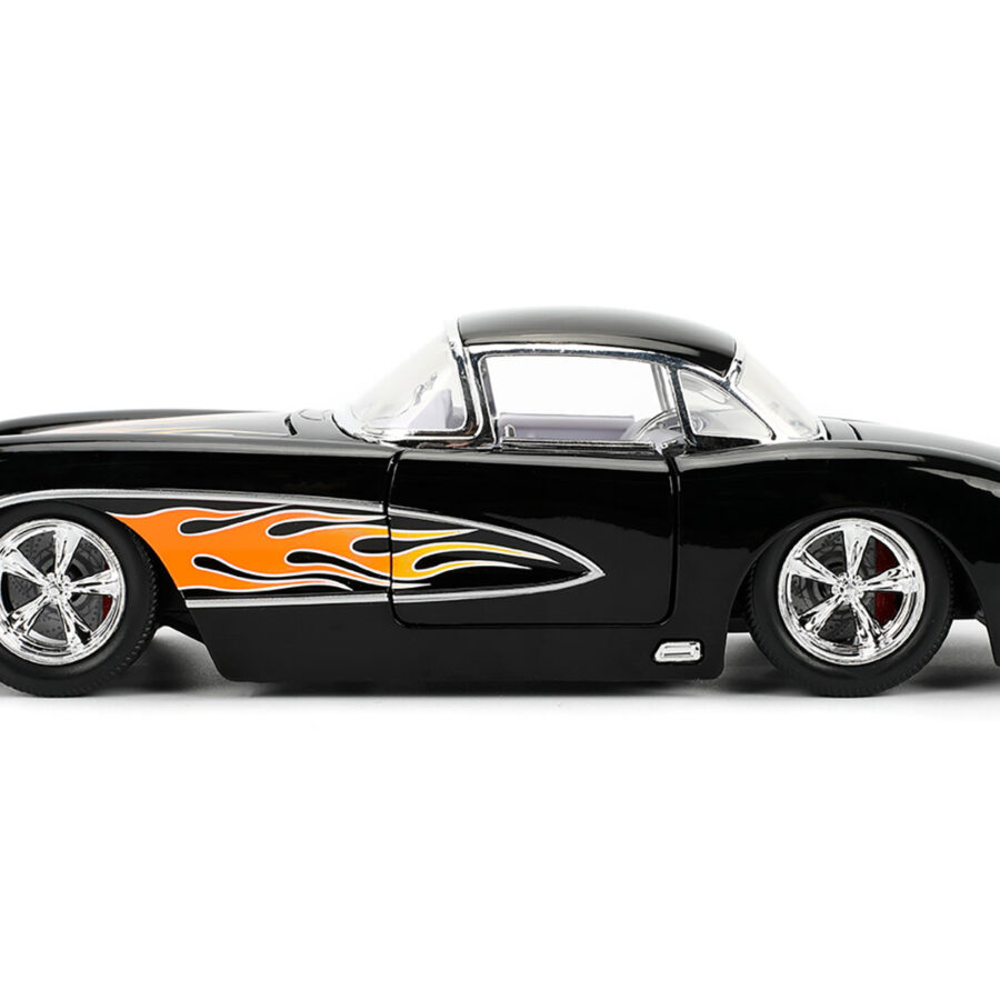 1957 Chevrolet Corvette Black with Flame Graphics and White Interior "Bigtime Muscle" Series 1/24 Diecast Model Car by Jada Automotive