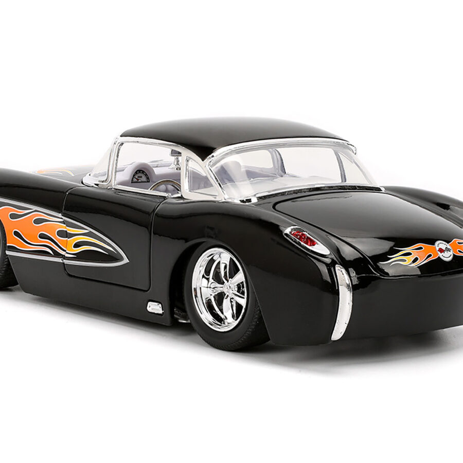 1957 Chevrolet Corvette Black with Flame Graphics and White Interior "Bigtime Muscle" Series 1/24 Diecast Model Car by Jada Automotive