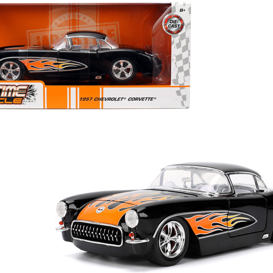 1957 Chevrolet Corvette Black with Flame Graphics and White Interior "Bigtime Muscle" Series 1/24 Diecast Model Car by Jada Automotive