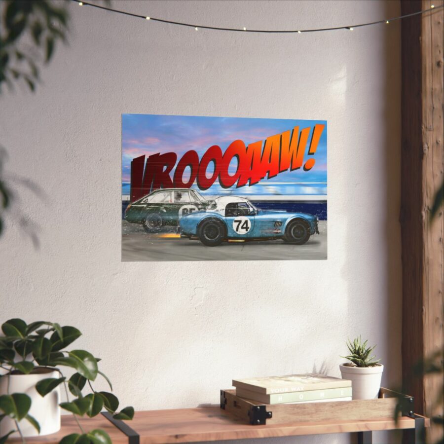 Racing Duel, Shelby Cobra vs MGB GT Competition, Poster Sports Car Racing Art