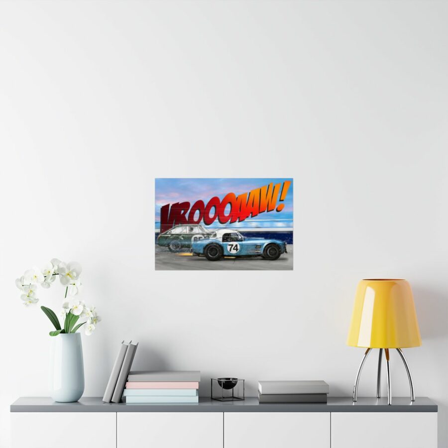 Racing Duel, Shelby Cobra vs MGB GT Competition, Poster Sports Car Racing Art