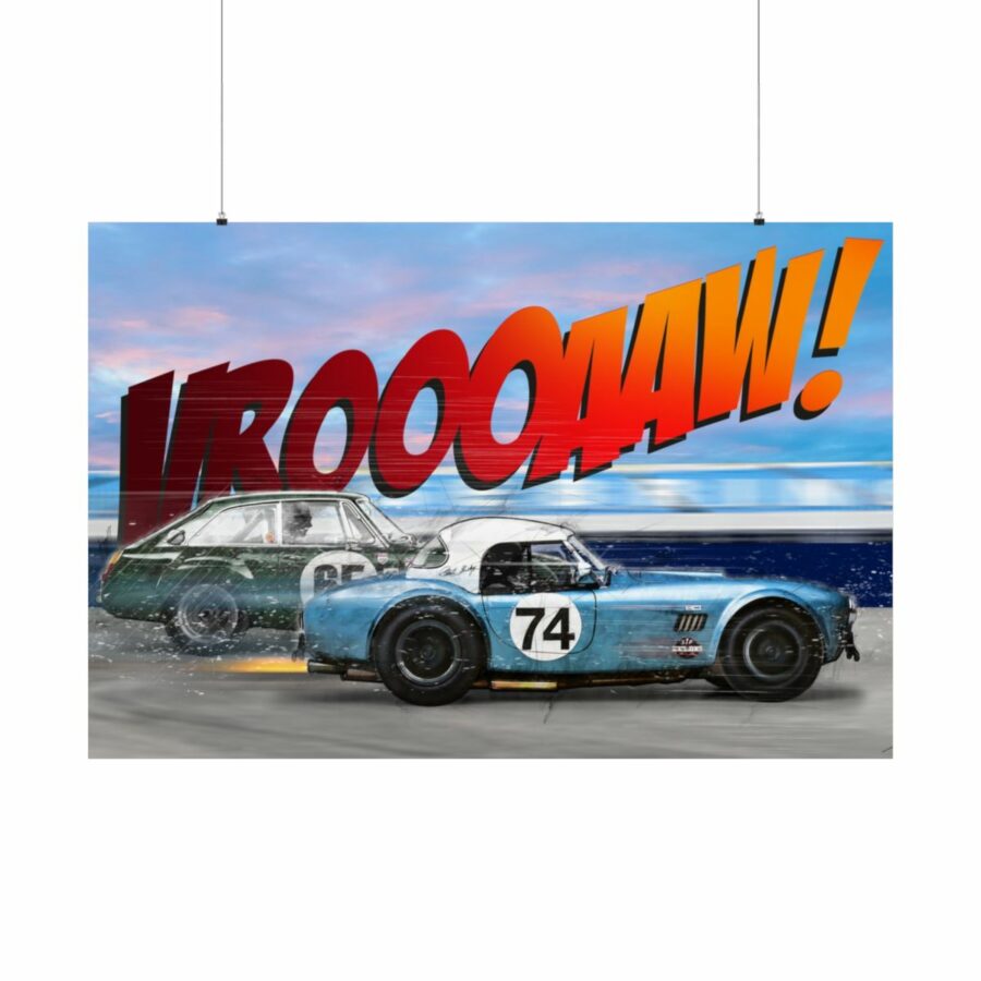 Racing Duel, Shelby Cobra vs MGB GT Competition, Poster Sports Car Racing Art