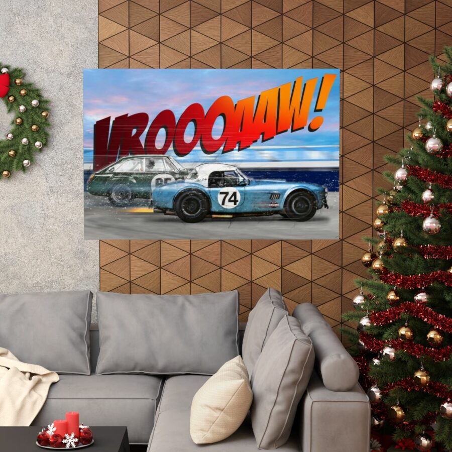 Racing Duel, Shelby Cobra vs MGB GT Competition, Poster Sports Car Racing Art