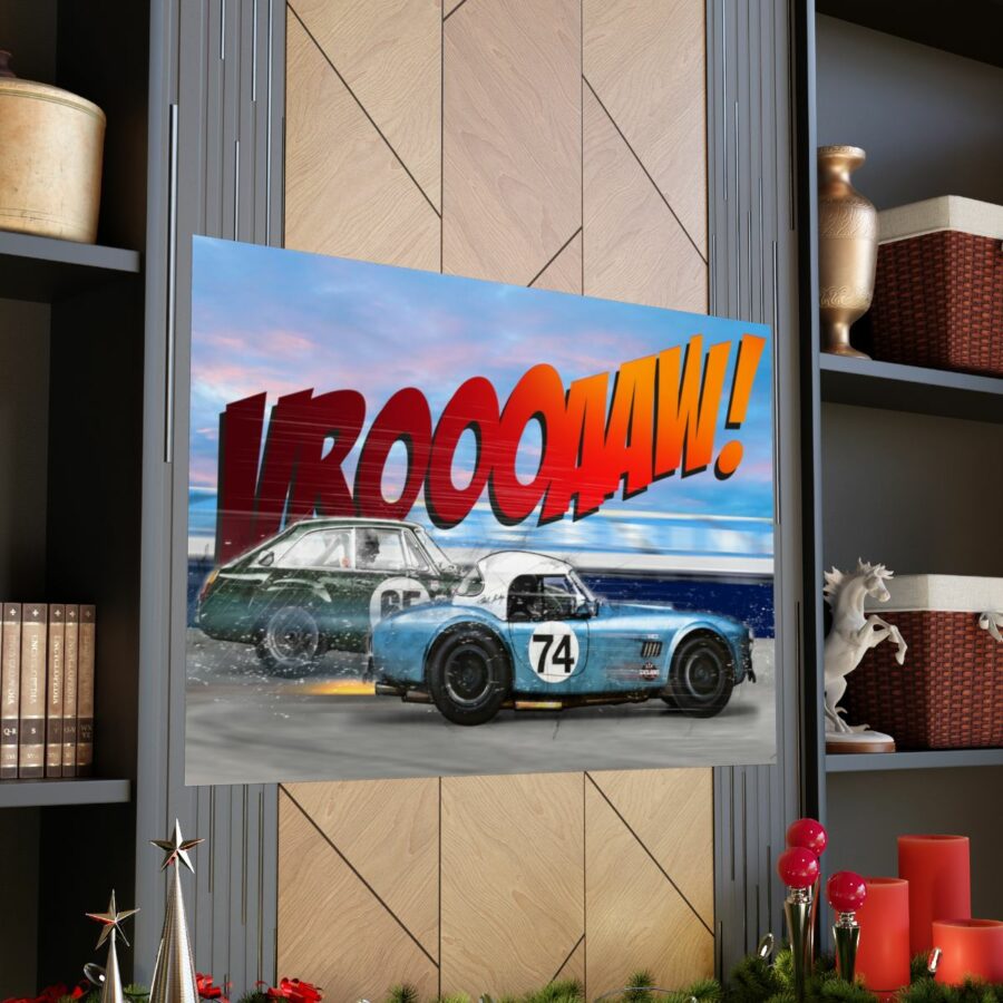 Racing Duel, Shelby Cobra vs MGB GT Competition, Poster Sports Car Racing Art