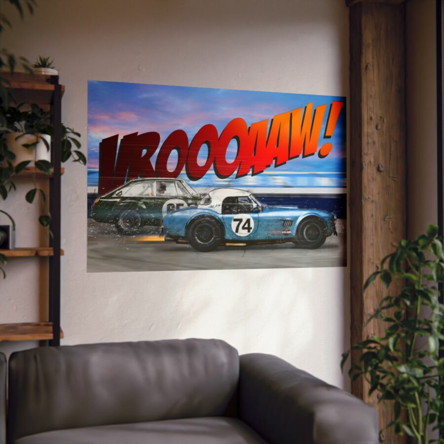 Racing Duel, Shelby Cobra vs MGB GT Competition, Poster Sports Car Racing Art