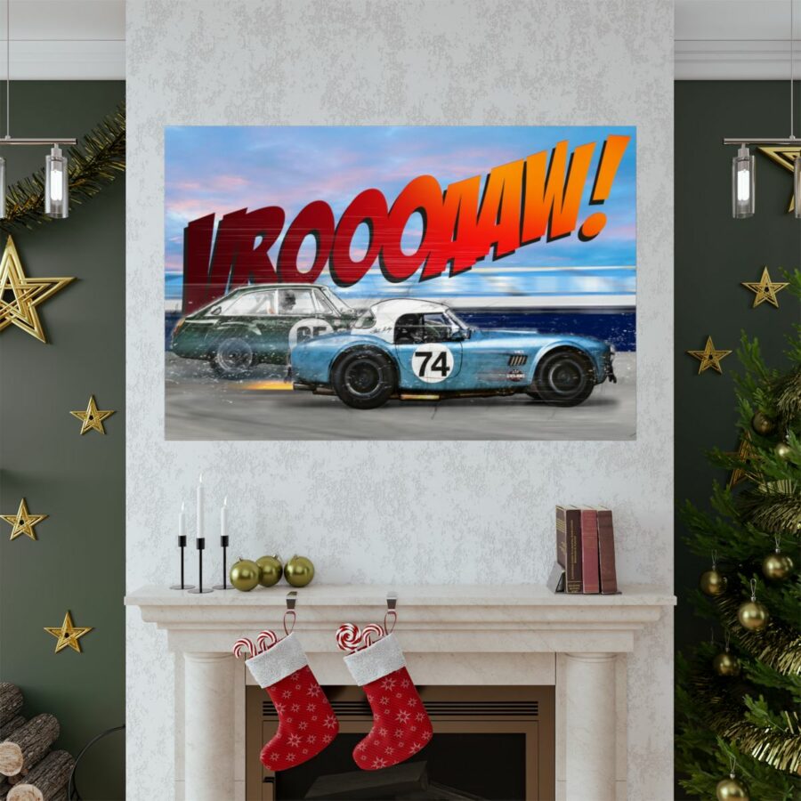 Racing Duel, Shelby Cobra vs MGB GT Competition, Poster Sports Car Racing Art