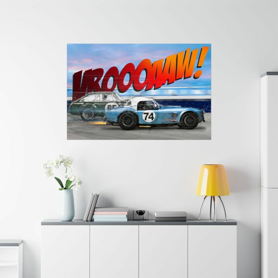 Racing Duel, Shelby Cobra vs MGB GT Competition, Poster Sports Car Racing Art