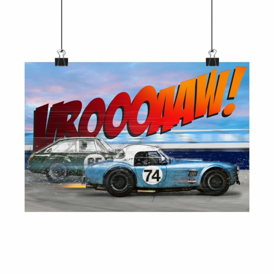 Racing Duel, Shelby Cobra vs MGB GT Competition, Poster Sports Car Racing Art