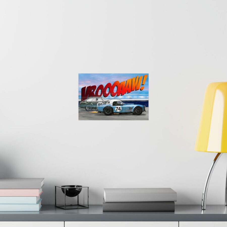 Racing Duel, Shelby Cobra vs MGB GT Competition, Poster Sports Car Racing Art