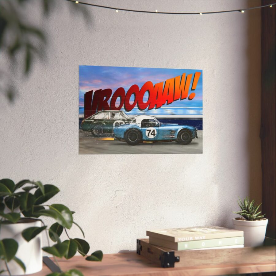 Racing Duel, Shelby Cobra vs MGB GT Competition, Poster Sports Car Racing Art