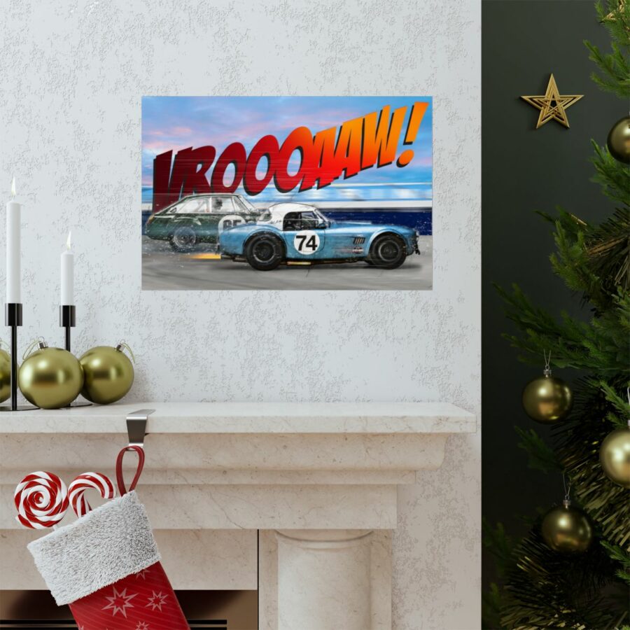 Racing Duel, Shelby Cobra vs MGB GT Competition, Poster Sports Car Racing Art