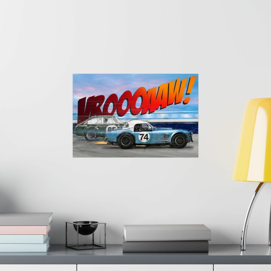Racing Duel, Shelby Cobra vs MGB GT Competition, Poster Sports Car Racing Art
