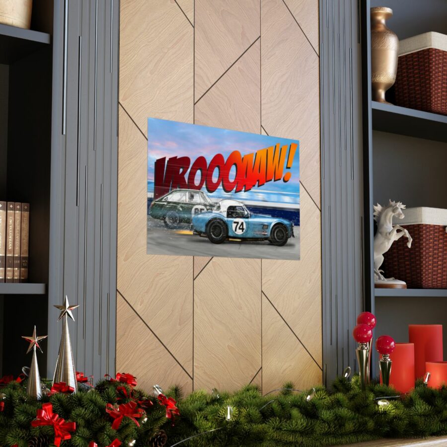 Racing Duel, Shelby Cobra vs MGB GT Competition, Poster Sports Car Racing Art