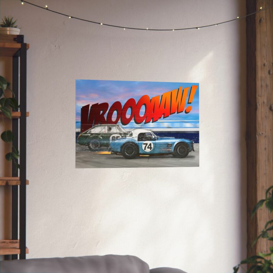 Racing Duel, Shelby Cobra vs MGB GT Competition, Poster Sports Car Racing Art