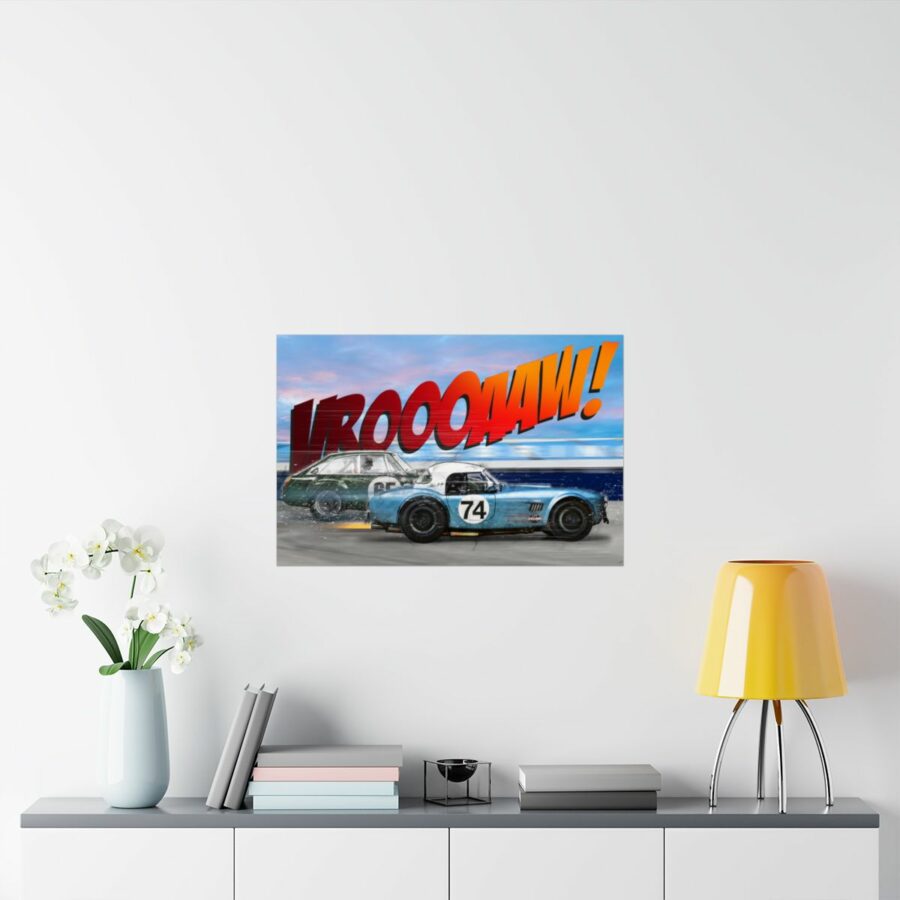 Racing Duel, Shelby Cobra vs MGB GT Competition, Poster Sports Car Racing Art