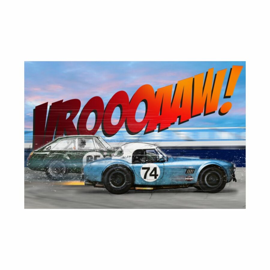 Racing Duel, Shelby Cobra vs MGB GT Competition, Poster Sports Car Racing Art